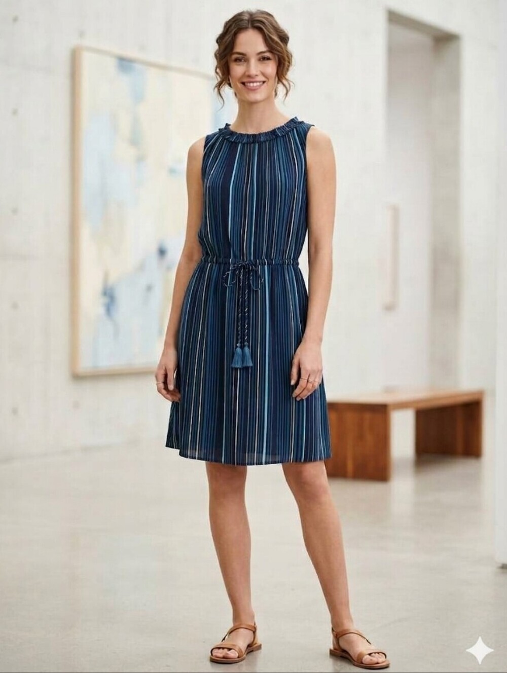 JOE FRESH Sleeveless, Tassle Cinched Waist, Ruffle Neckline Dress, Size Small - Picture 2 of 11